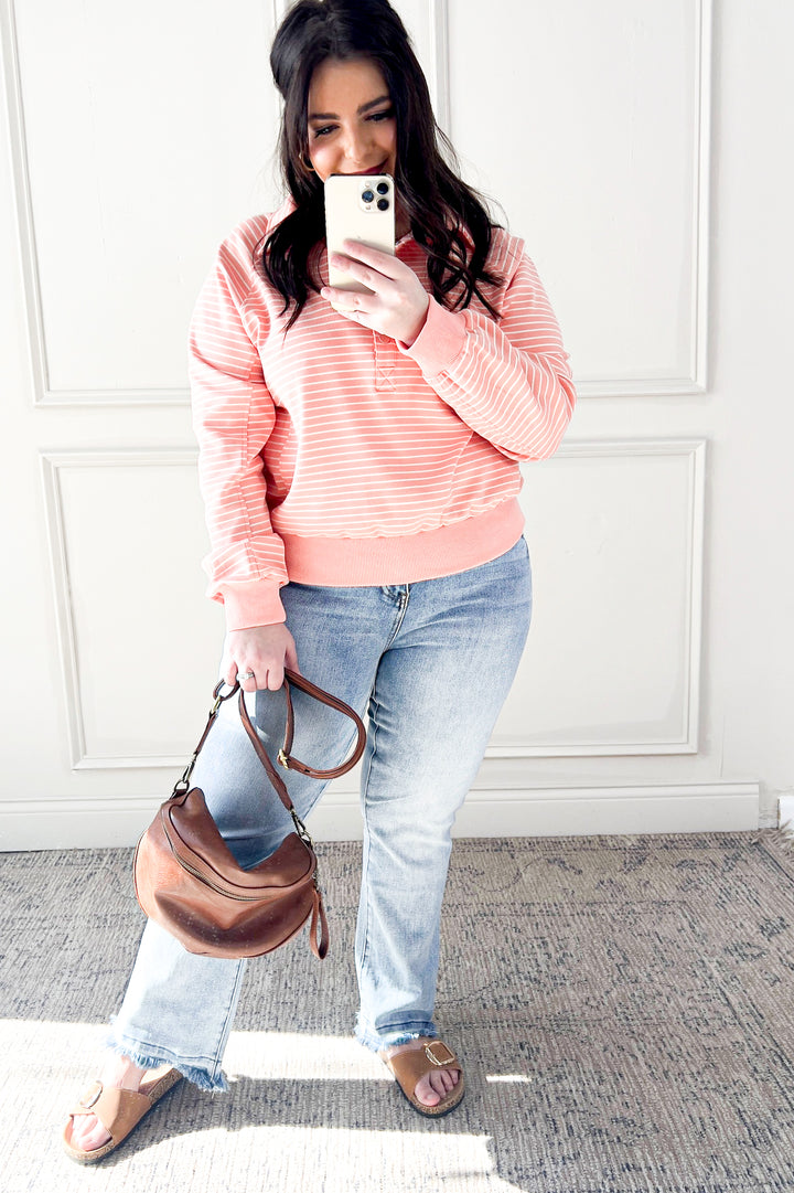 Collared Snap Button Striped Sweatshirt Pullover