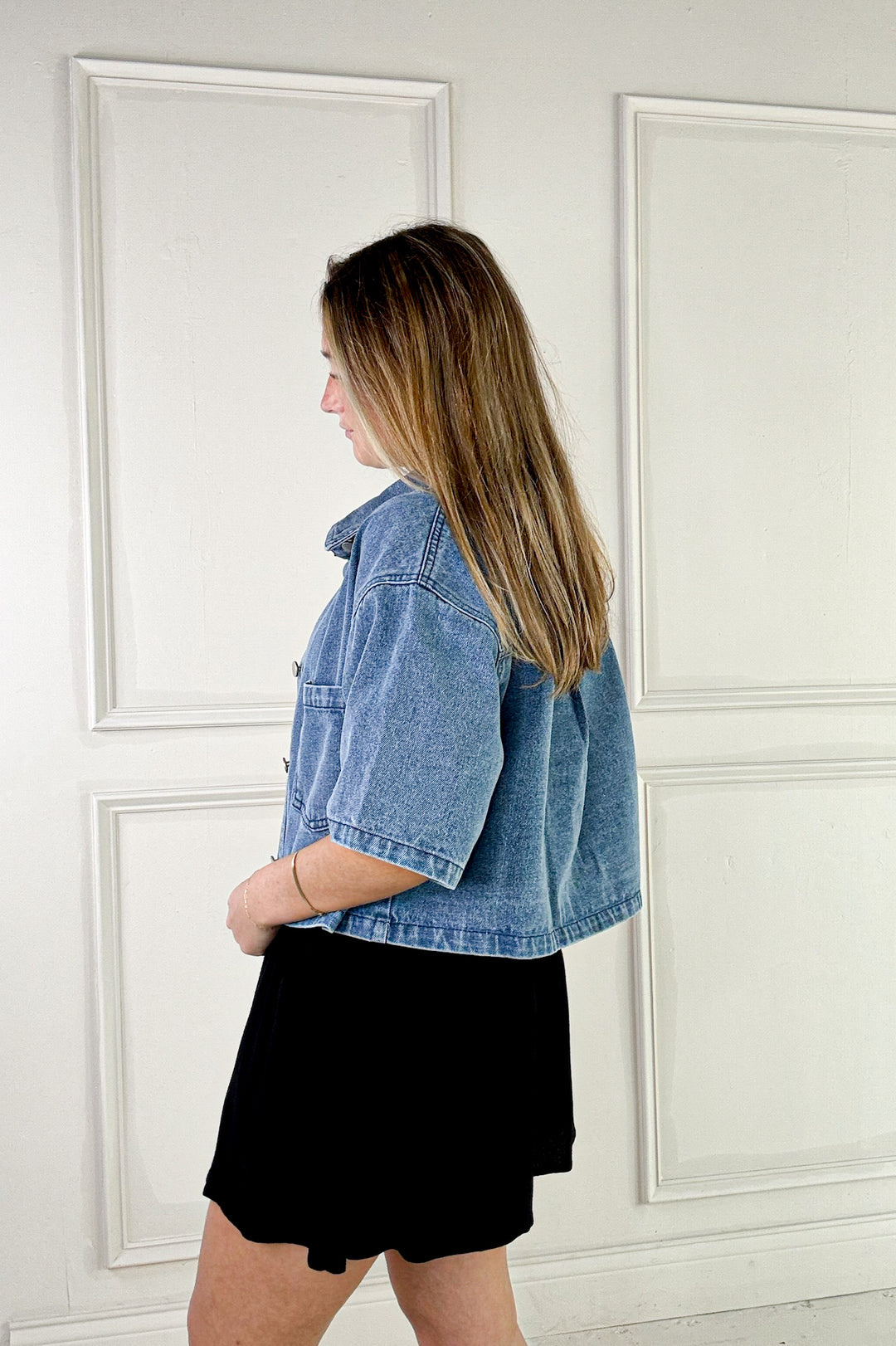 Button Up Short Sleeve Denim Crop Jacket