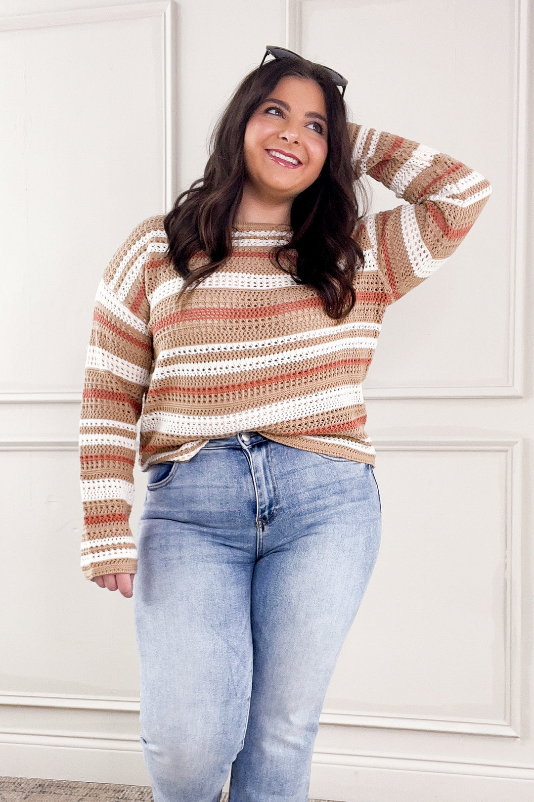 Taupe Striped Crochet Knit Sweater