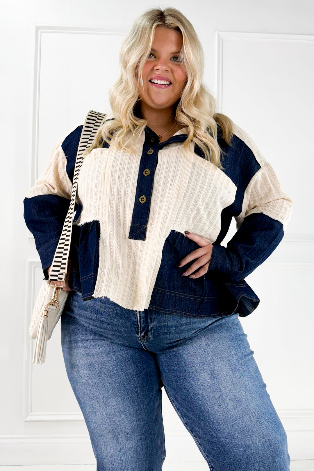 Denim Patchwork Button Down Waffle Knit Curvy Top