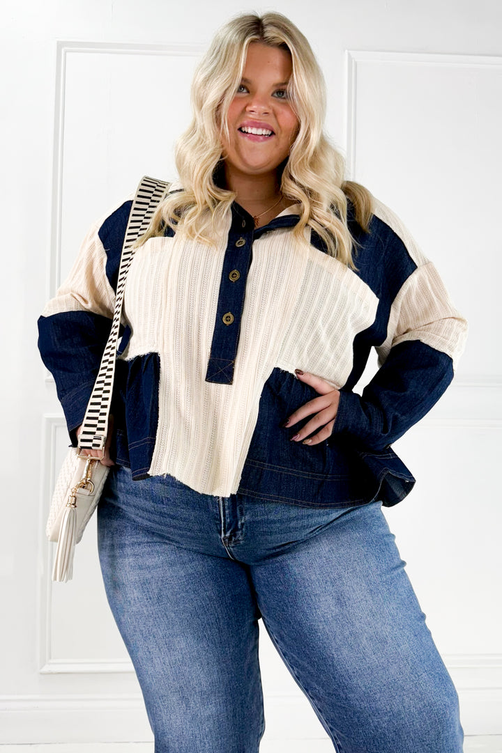 Denim Patchwork Button Down Waffle Knit Curvy Top