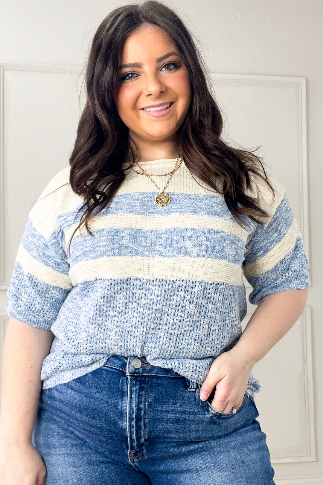 Stripe Color Block Textured Half Sleeve Sweater