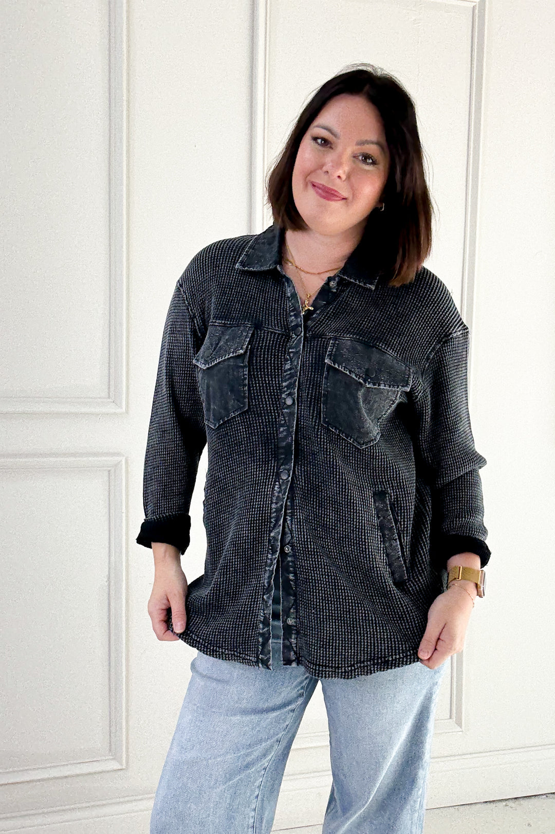 Waffle Knit Mineral-washed Button Down Jacket