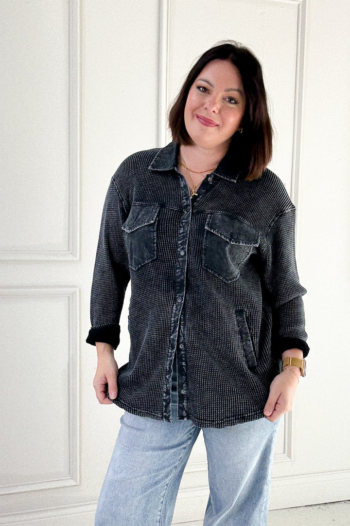 Waffle Knit Mineral-washed Button Down Jacket