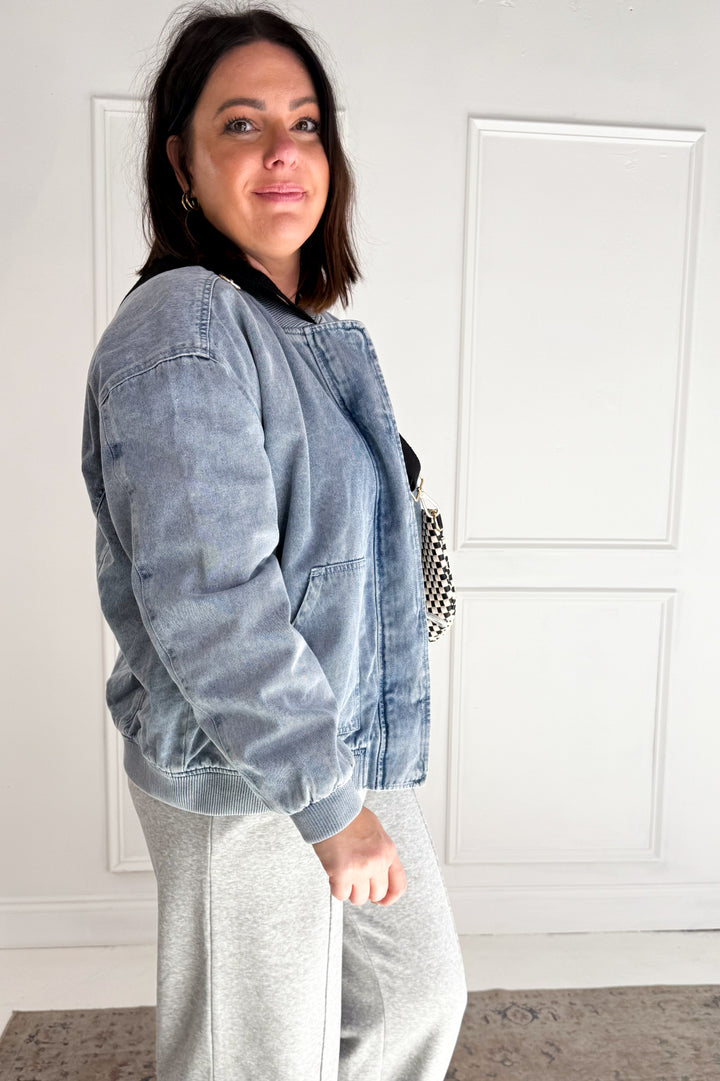 Denim Feel Bomber Jacket W/ Pockets
