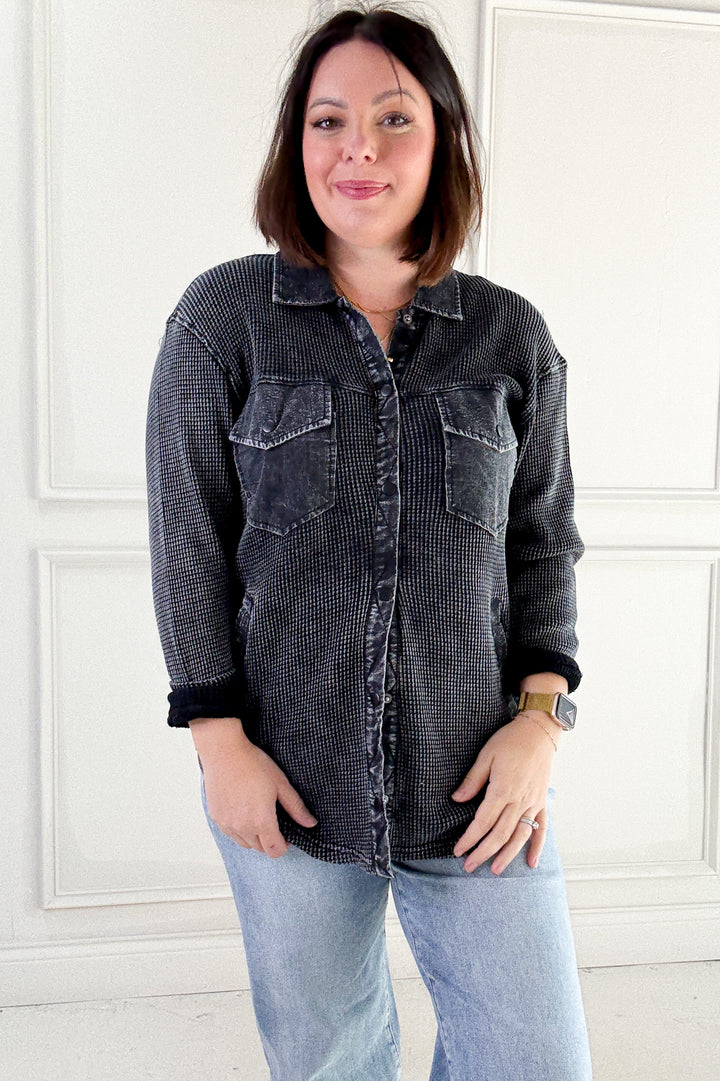 Waffle Knit Mineral-washed Button Down Jacket