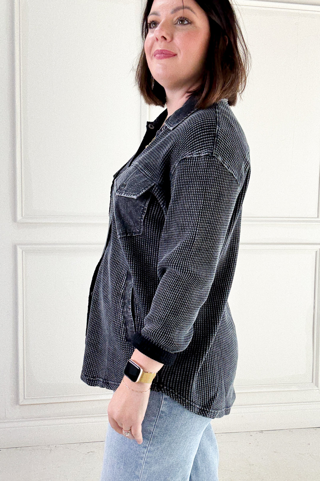 Waffle Knit Mineral-washed Button Down Jacket