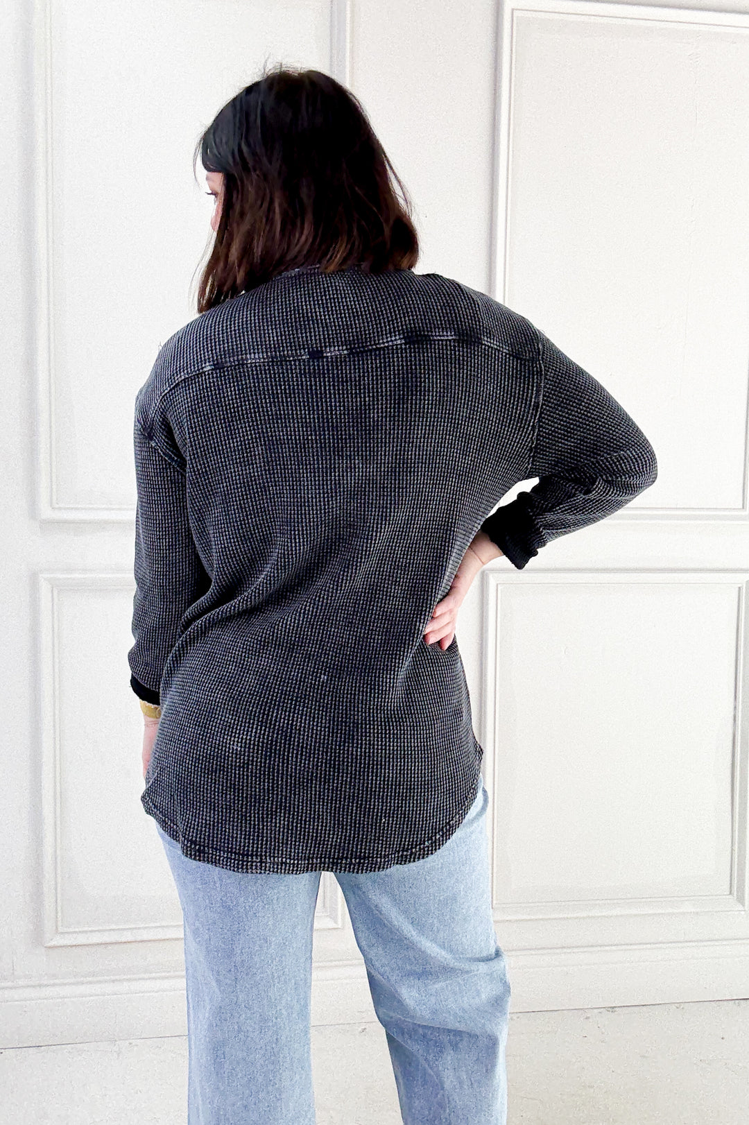 Waffle Knit Mineral-washed Button Down Jacket