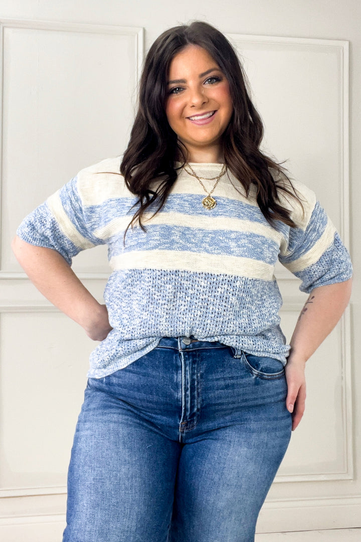 Stripe Color Block Textured Half Sleeve Sweater