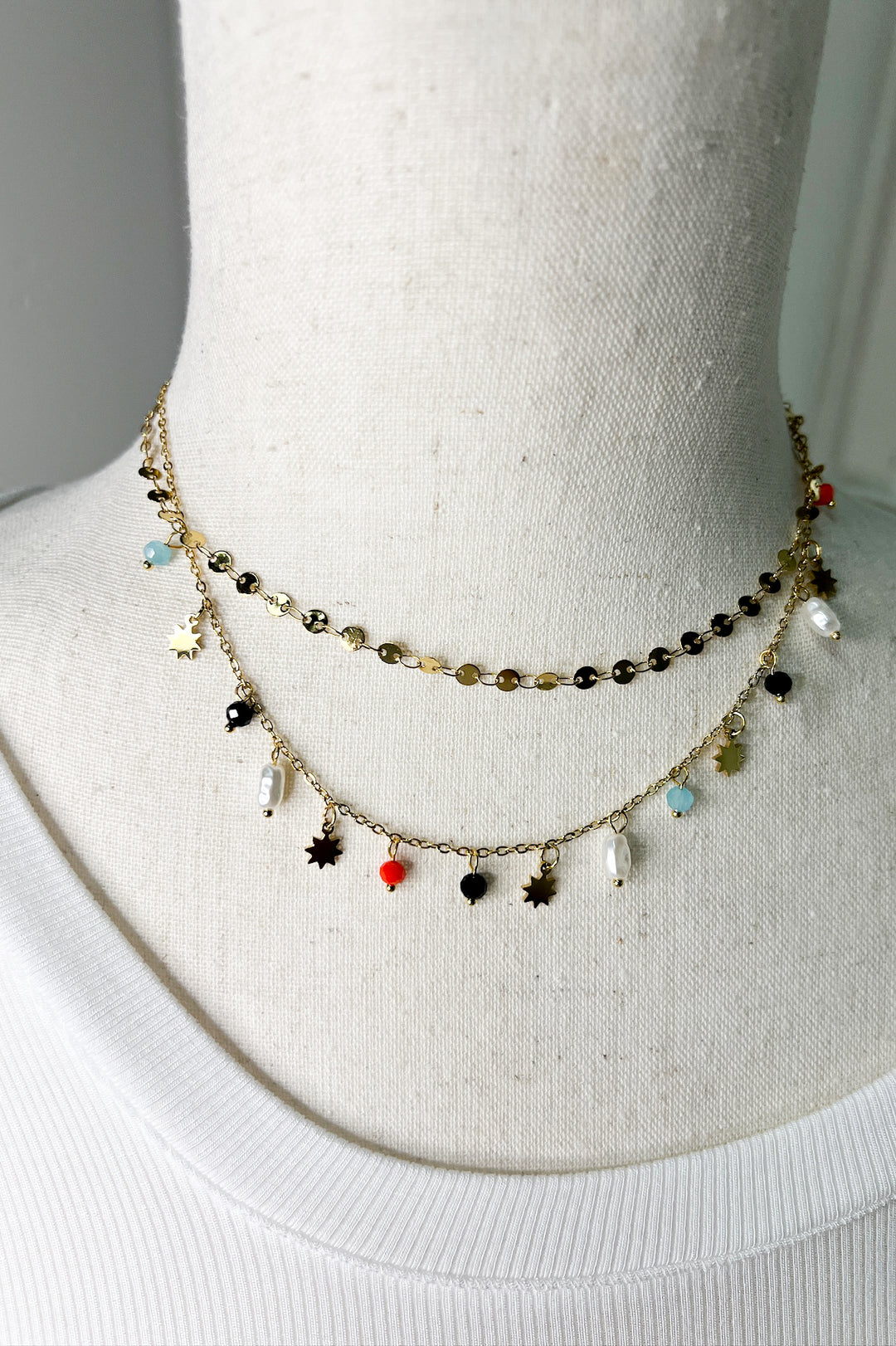 Celestial Charm Seedbead Layered Gold Necklace