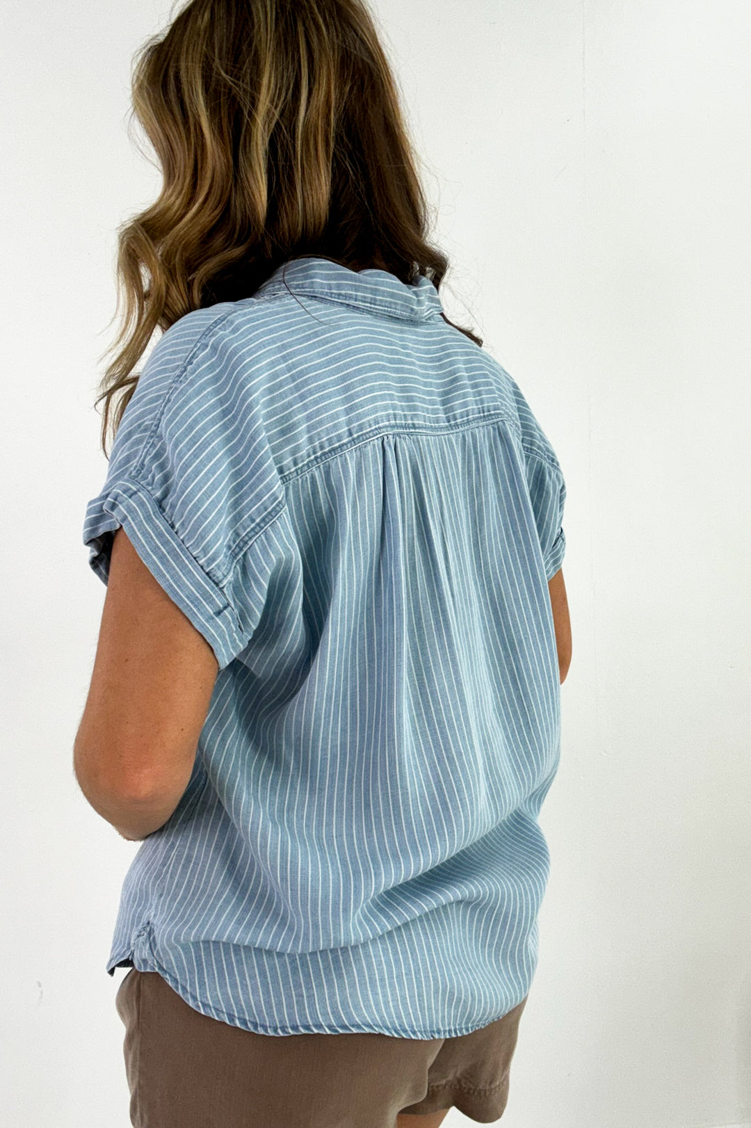 Short Rolled Sleeve Button Up Pinstripe Blouse