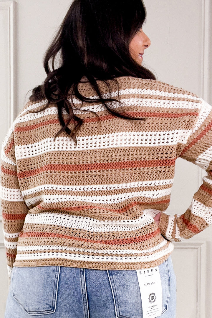 Taupe Striped Crochet Knit Sweater