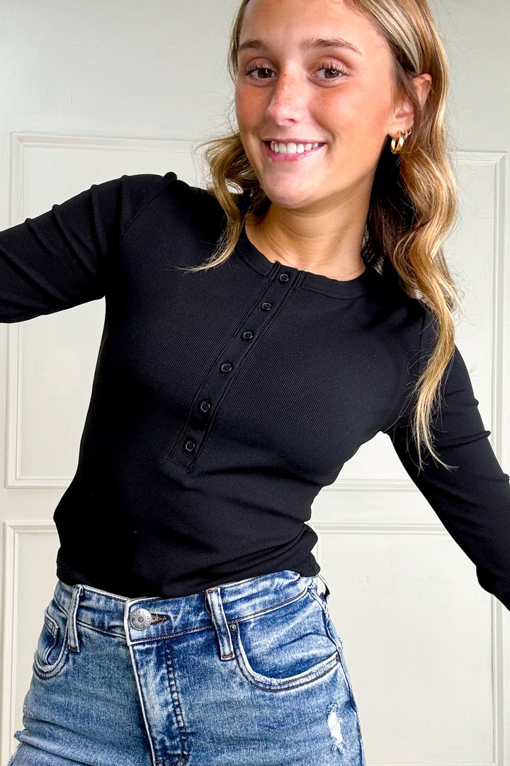 Ribbed Henley Long Sleeve Knit Top