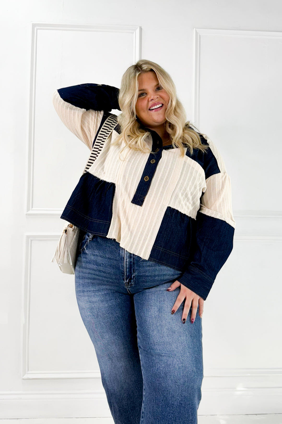 Denim Patchwork Button Down Waffle Knit Curvy Top