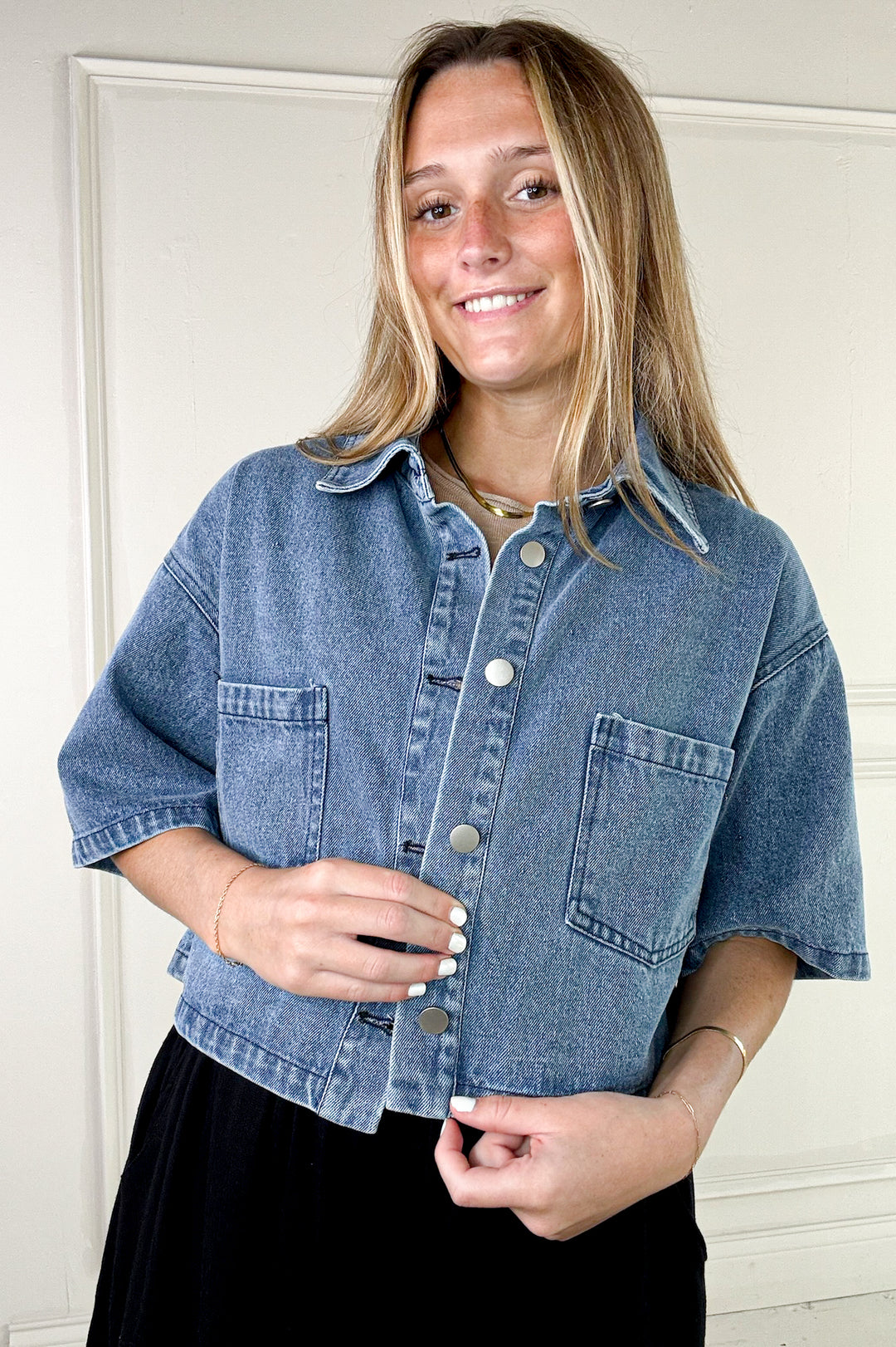 Button Up Short Sleeve Denim Crop Jacket