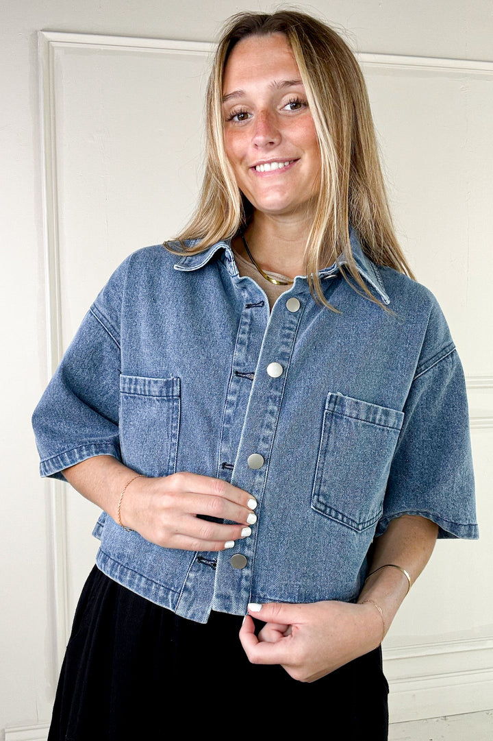 Button Up Short Sleeve Denim Crop Jacket