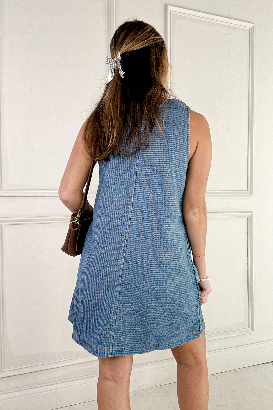 Front Seam Textured Denim Sleeveless Mini Dress