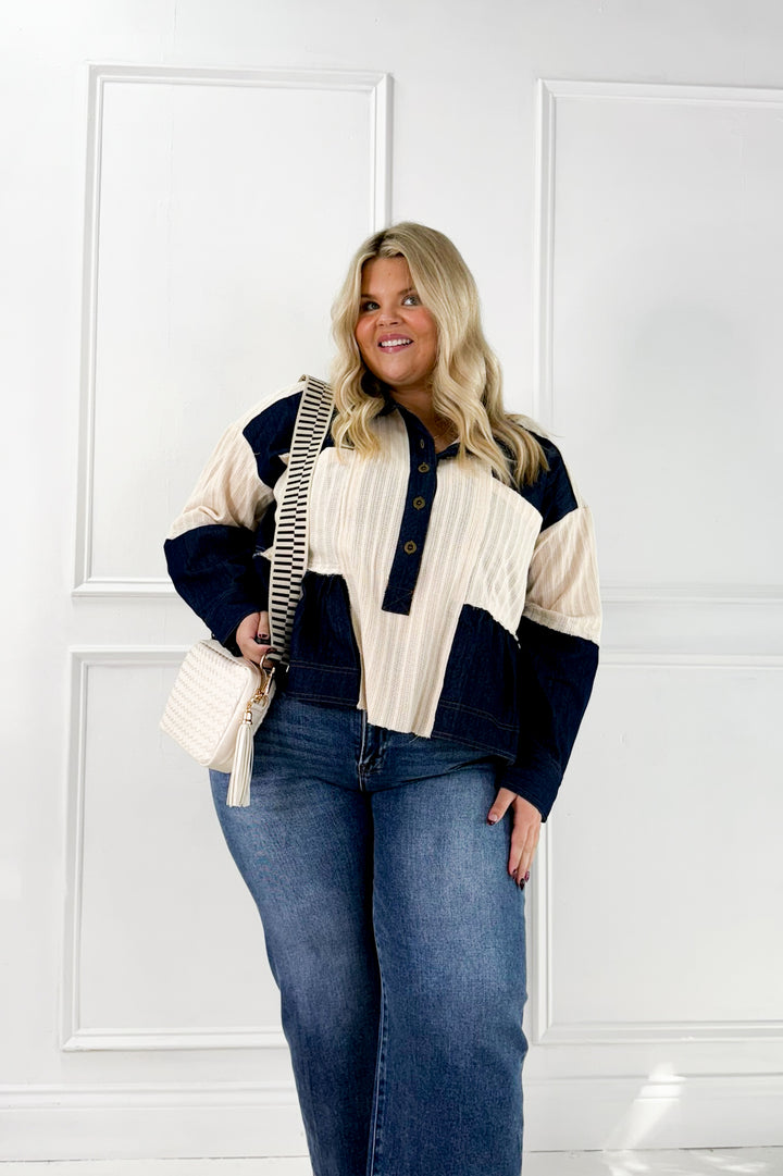 Denim Patchwork Button Down Waffle Knit Curvy Top