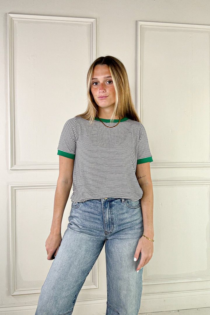 Color Trimmed Short Sleeve Pinstripe Top