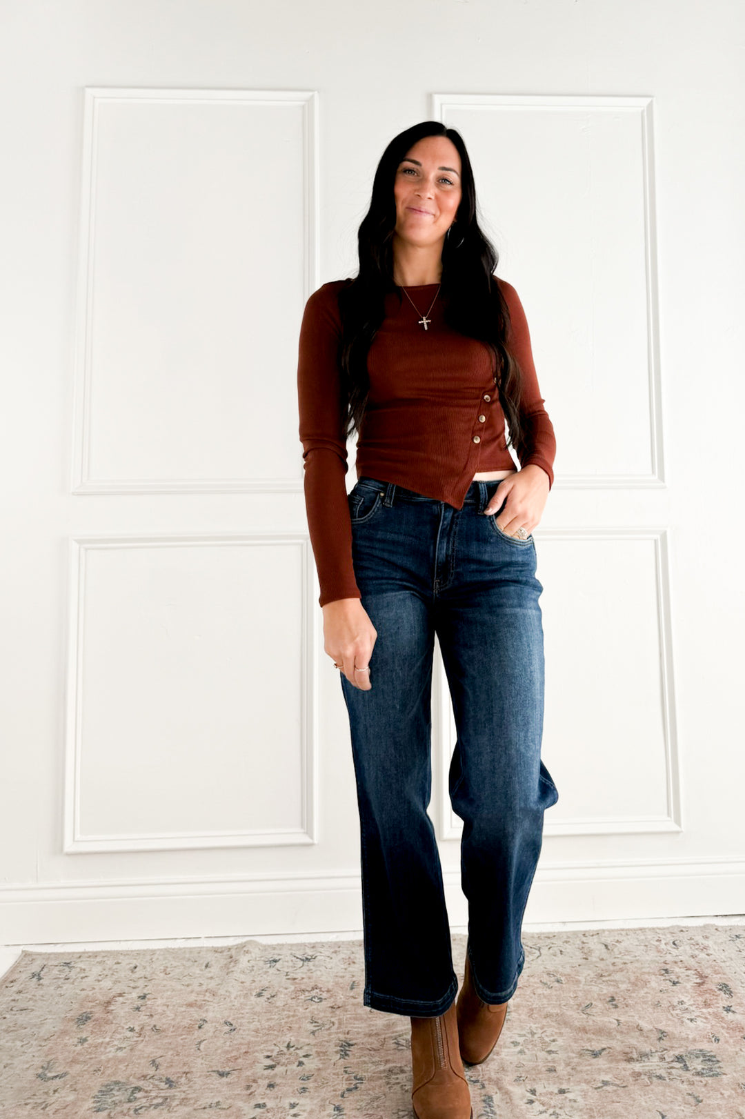 Boat Neck Long Sleeve Side Button Up Top