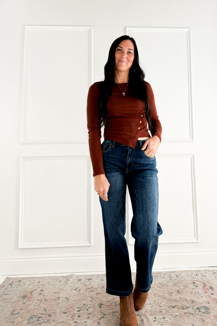 Boat Neck Long Sleeve Side Button Up Top