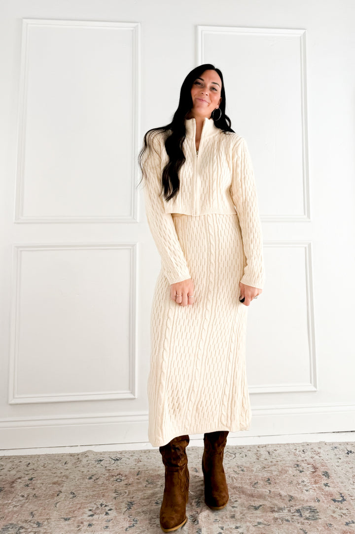 Cable Knit Zip Up Skirt Set