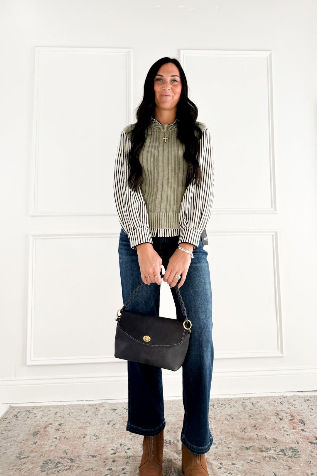 Stripe Scallop Trim Detail Puff Sleeve Blouse