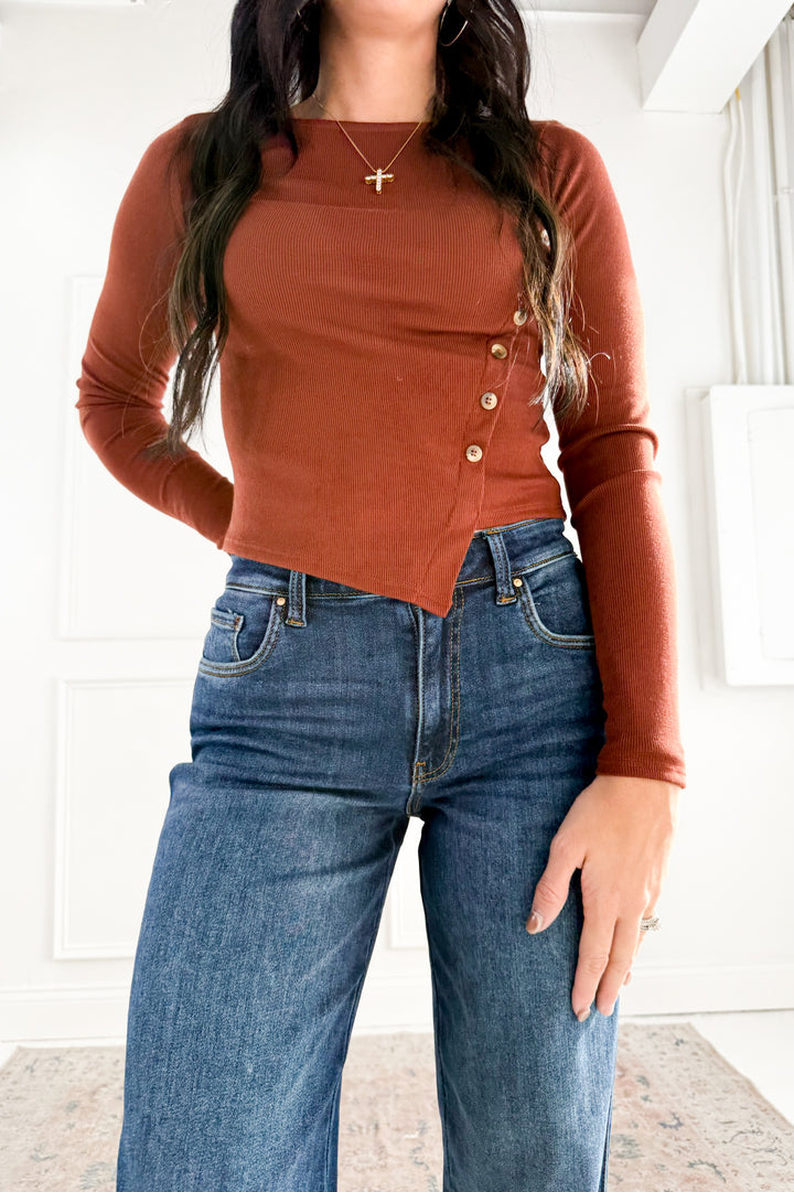 Boat Neck Long Sleeve Side Button Up Top