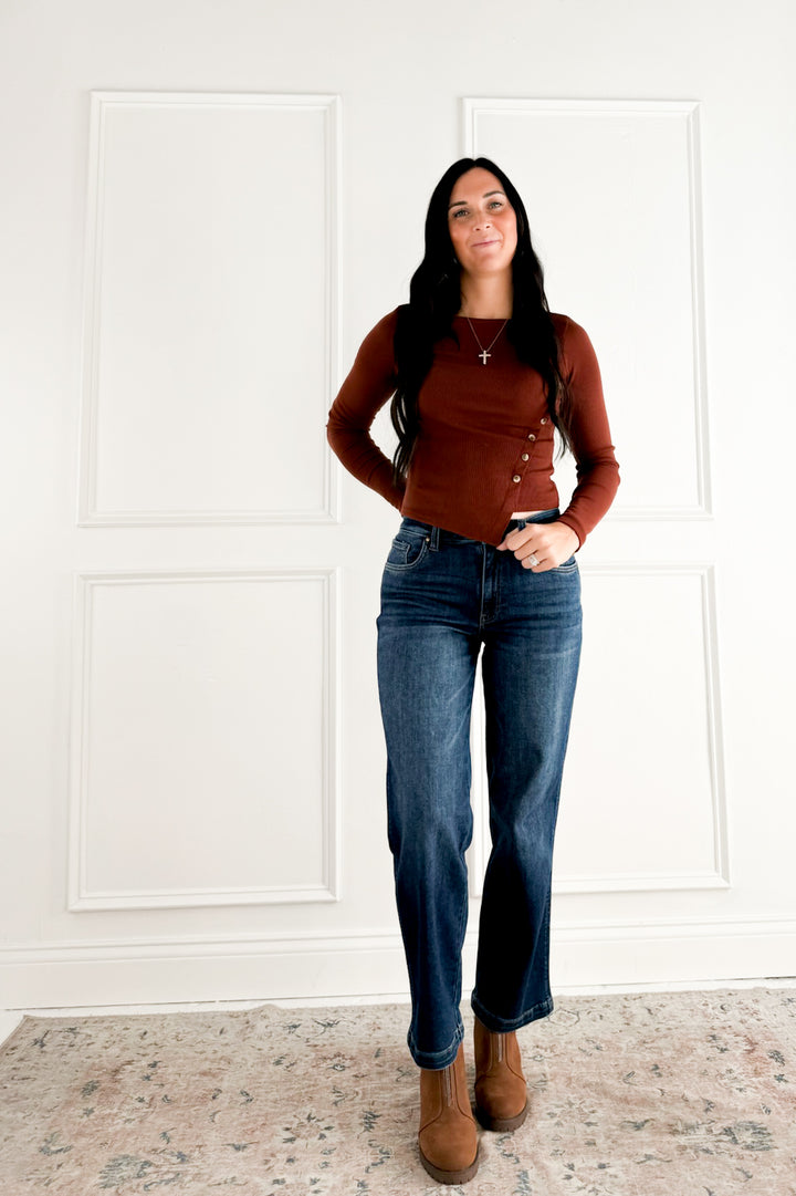 Boat Neck Long Sleeve Side Button Up Top