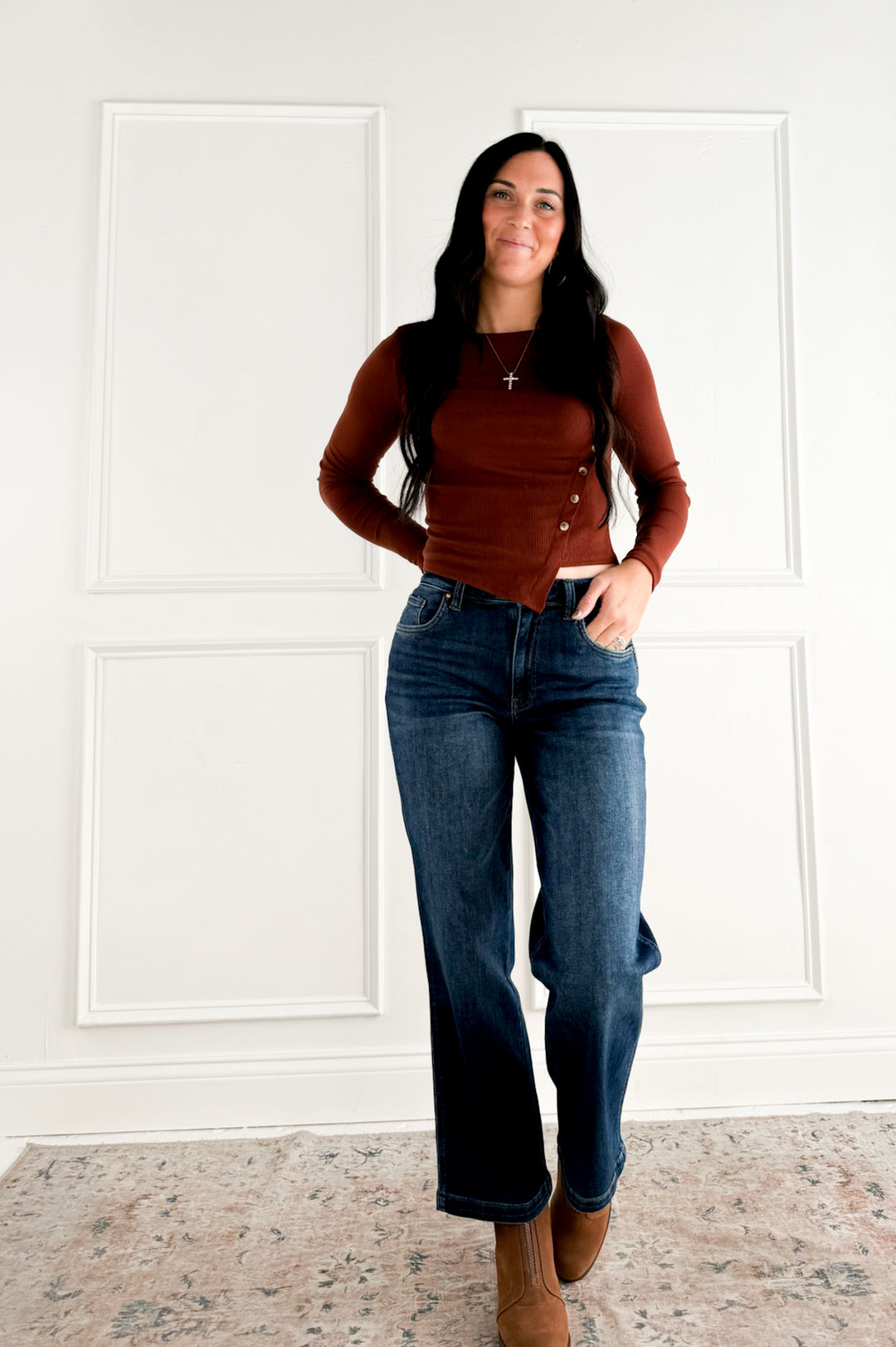 Boat Neck Long Sleeve Side Button Up Top